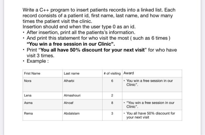 Solved Write a C++ program to insert patients records into a | Chegg.com