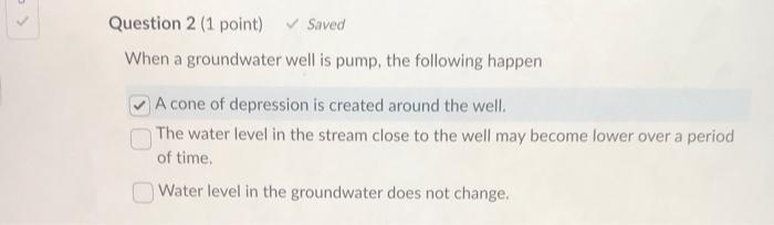 When a groundwater well is pump, the following happen
A cone of depression is created around the well.
The water level in the