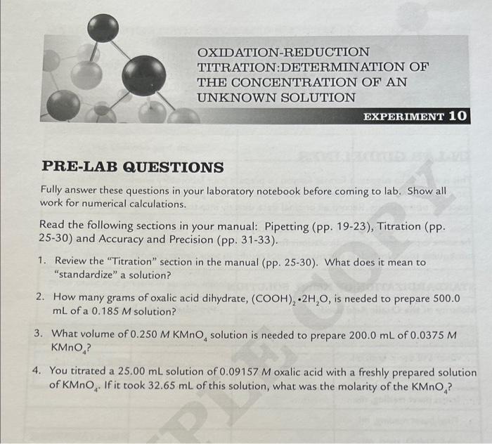 Solved OXIDATIONREDUCTION TITRATIONDETERMINATION OF THE