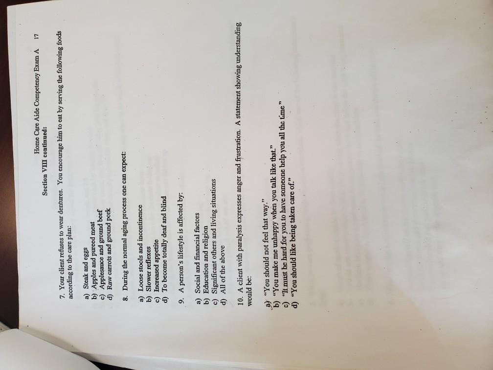 Home Care Aide Competency Exam A 2 Section I