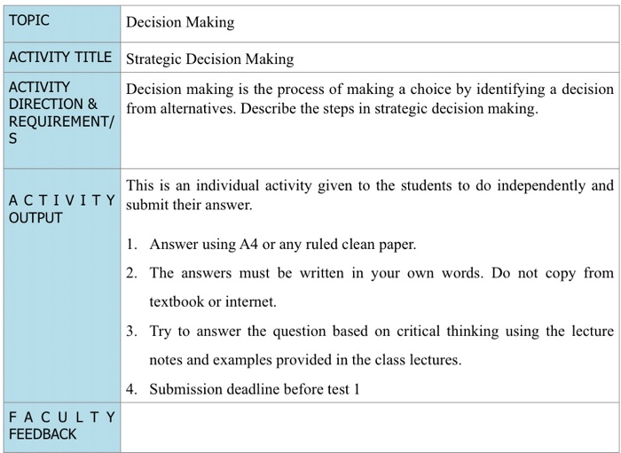 Solved TOPIC Decision Making ACTIVITY TITLE Strategic | Chegg.com
