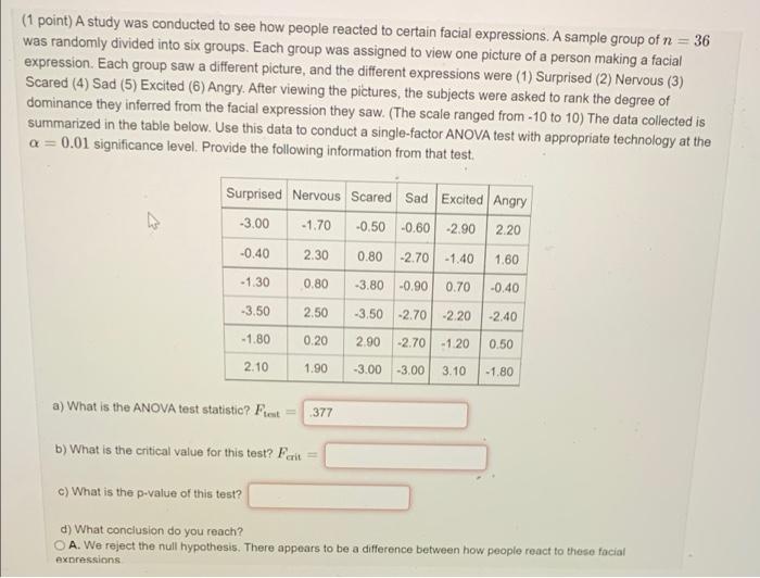 Solved (1 point) A study was conducted to see how people | Chegg.com