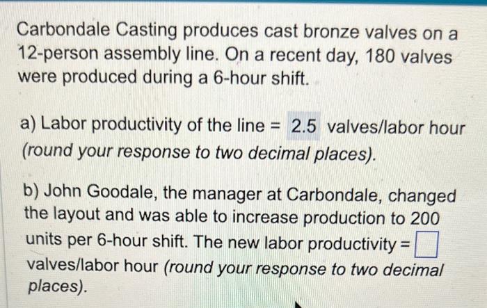 Solved Carbondale Casting Produces Cast Bronze Valves On A | Chegg.com