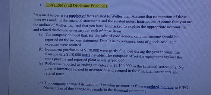 Solved 1. E2-8 (L06) (Full Disclosure Principle) Presented | Chegg.com