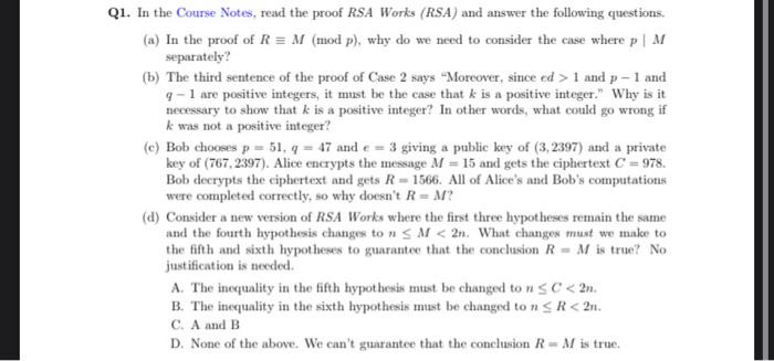Solved Q1. In the Course Notes, read the proof RSA Works | Chegg.com