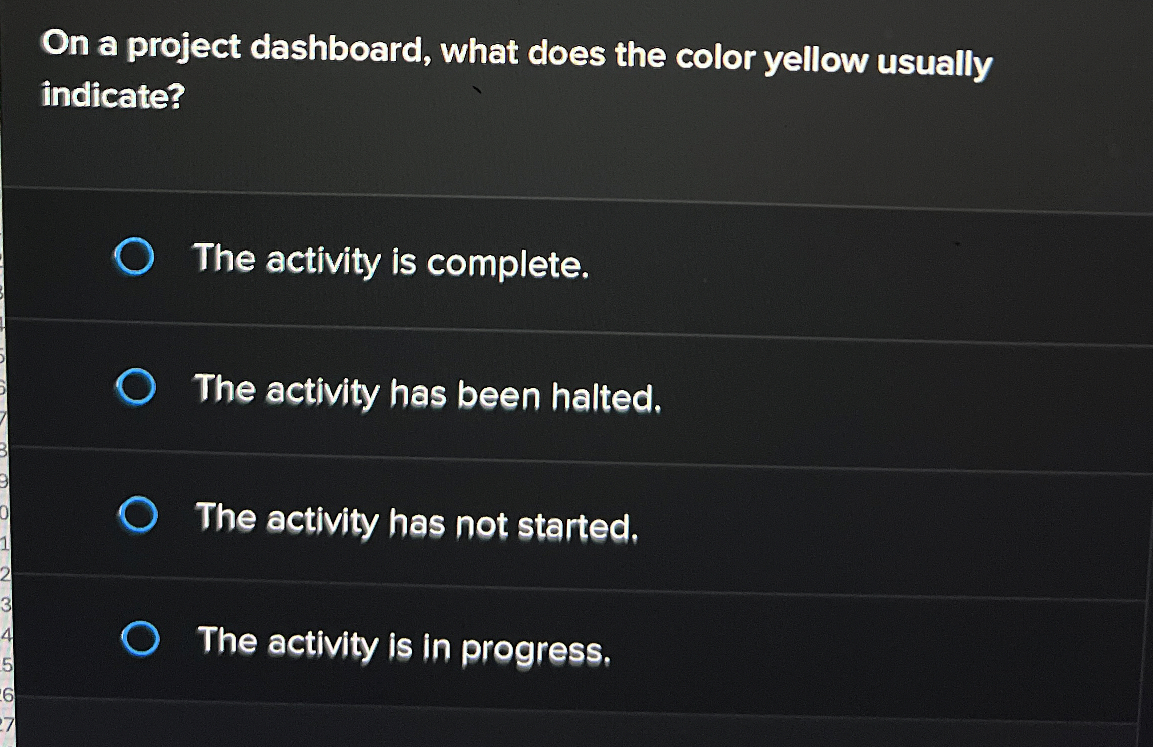 Solved On a project dashboard, what does the color yellow | Chegg.com