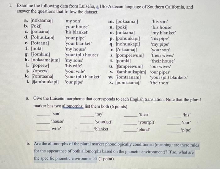 1. Examine the following data from Luiseño, a