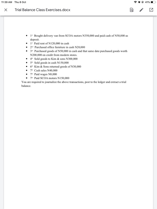 Solved ACC 102 Trial Balance Class Exercises Question One | Chegg.com