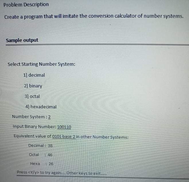 Solved Problem Description Create a program that will | Chegg.com