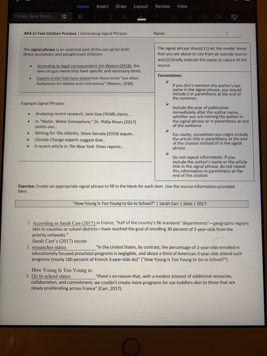 Home Insert Draw Layout Review View Times New Roma 12 Chegg Com