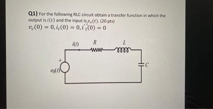 Solved Q1) For the following RLC circuit obtain a transfer | Chegg.com
