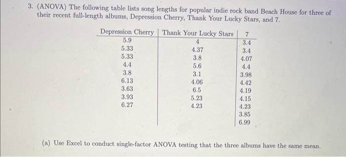 3. (ANOVA) The following table lists song lengths for popular indie rock band Beach House for three of their recent full-leng