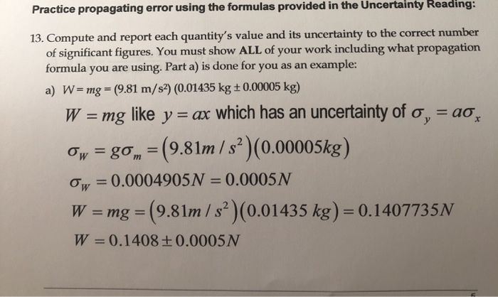 Solved Practice Propagating Error Using The Formulas Prov Chegg Com