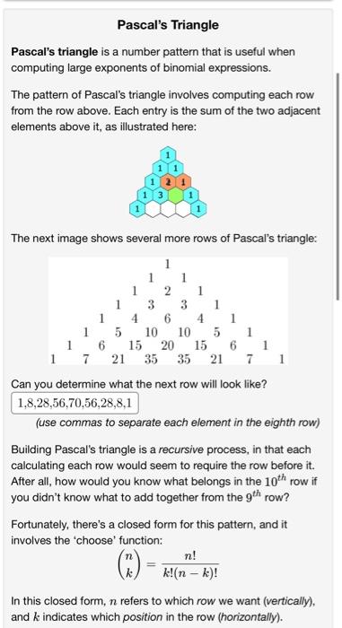 Solved Pascal's Triangle Pascal's triangle is a number | Chegg.com
