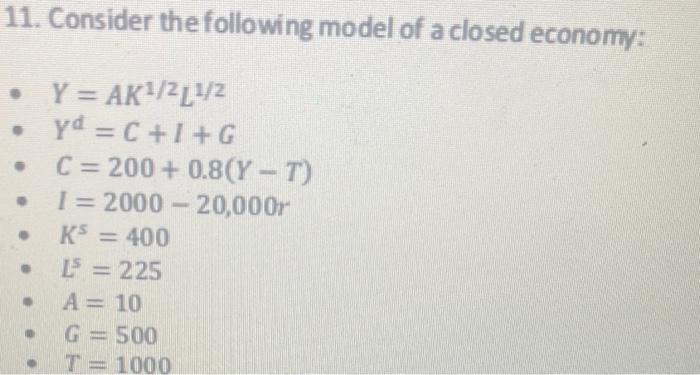 Solved 11. Consider The Following Model Of A Closed Economy: | Chegg.com