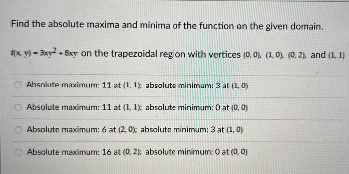Solved Find the absolute maxima and minima of the function | Chegg.com
