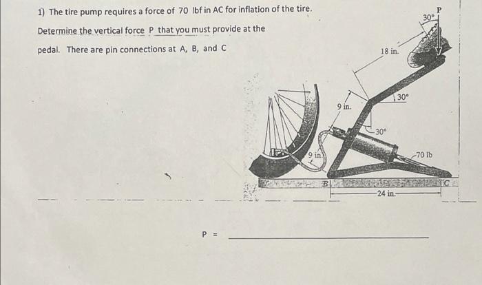 Solved 30° 1) The Tire Pump Requires A Force Of 70 Lbf In AC | Chegg.com