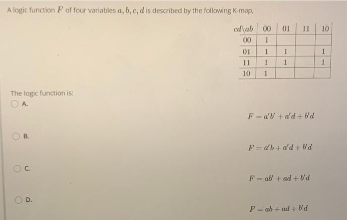 Solved A logic function F of four variables a, b, c, d is | Chegg.com