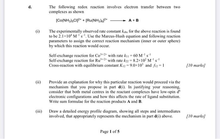 Solved d. The following redox reaction involves electron | Chegg.com