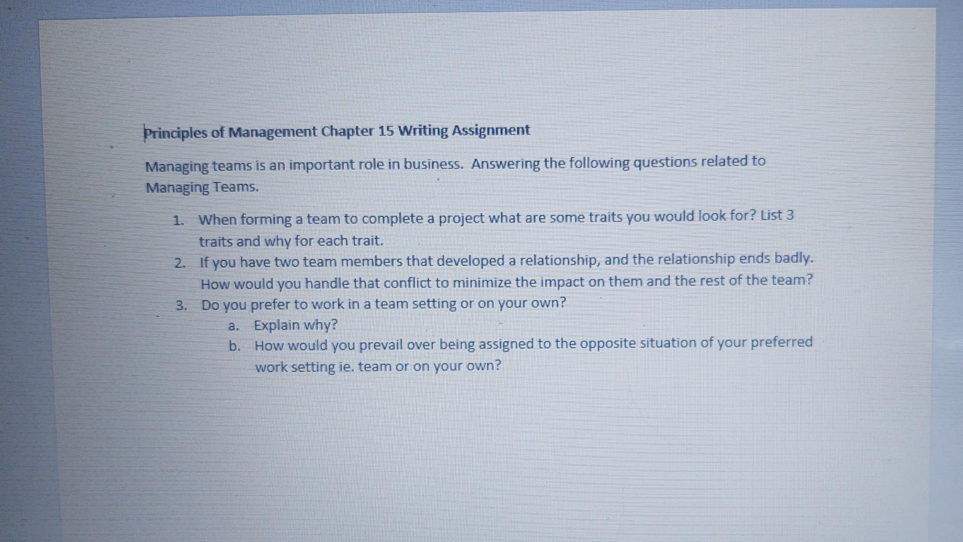 Solved Principles of Management Chapter 15 Writing | Chegg.com