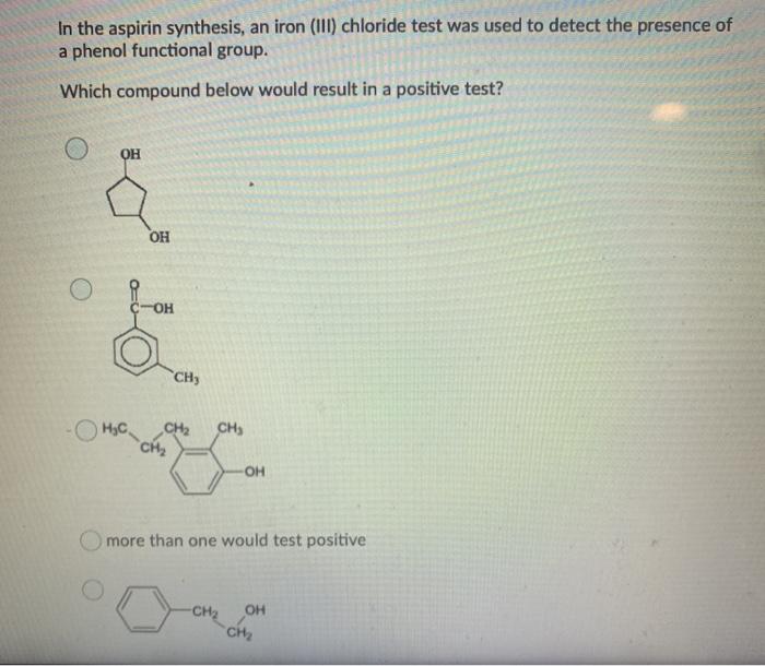 Solved In the aspirin synthesis, an iron (III) chloride test