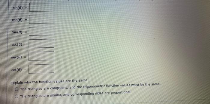 \[
\begin{array}{l}
\sin (\theta)= \\
\cos (\theta)= \\
\tan (\theta)= \\
\csc (\theta)= \\
\sec (\theta)=
\end{array}
\]
Exp