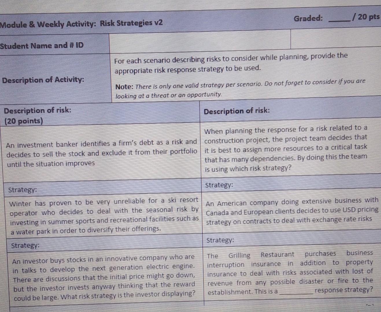 Solved Graded: / 20 pts Module & Weekly Activity: Risk | Chegg.com