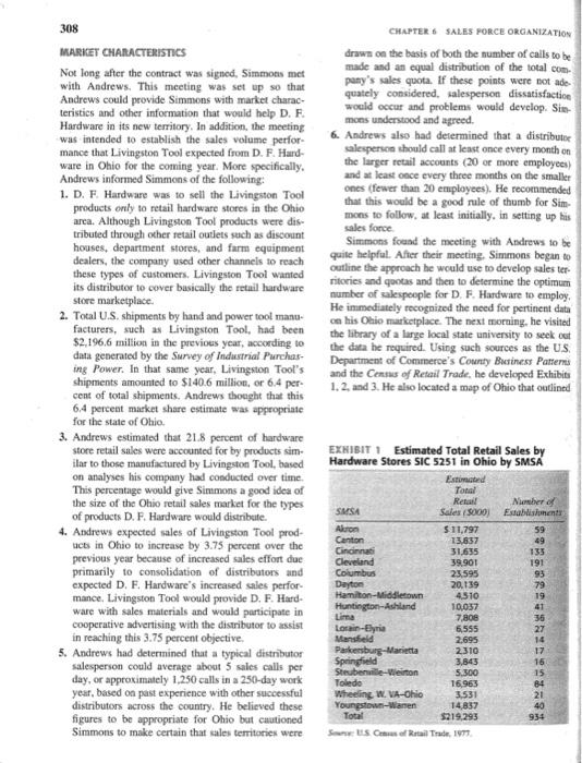 308
MARKET CHARACTERISTICS
Not long after the contract was signed. Simmons met
with Andrews. This meeting was set up so that