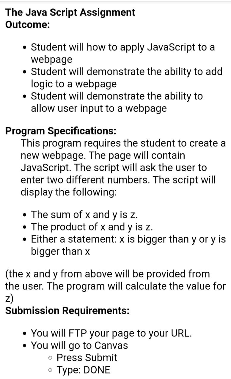 Solved The Java Script Assignment Outcome: • Student will | Chegg.com