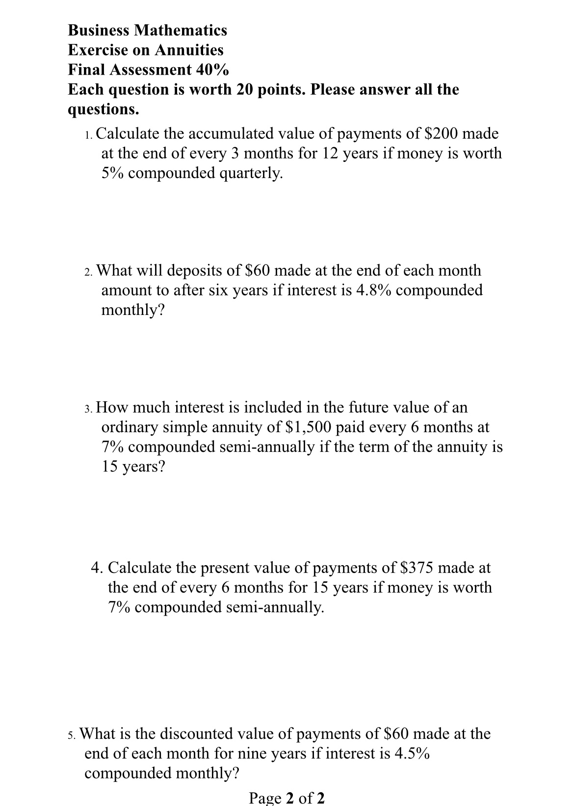 Solved Business MathematicsExercise on AnnuitiesFinal | Chegg.com