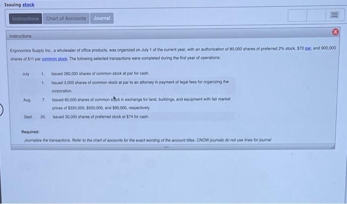 Solved Issuing stock Instructions Chart of Accounts Journal | Chegg.com