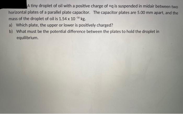 Solved A tiny droplet of oil with a positive charge of +q is | Chegg.com