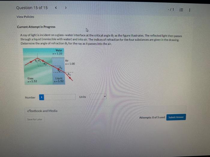 Solved A ray of light is incident on a glasswater interface