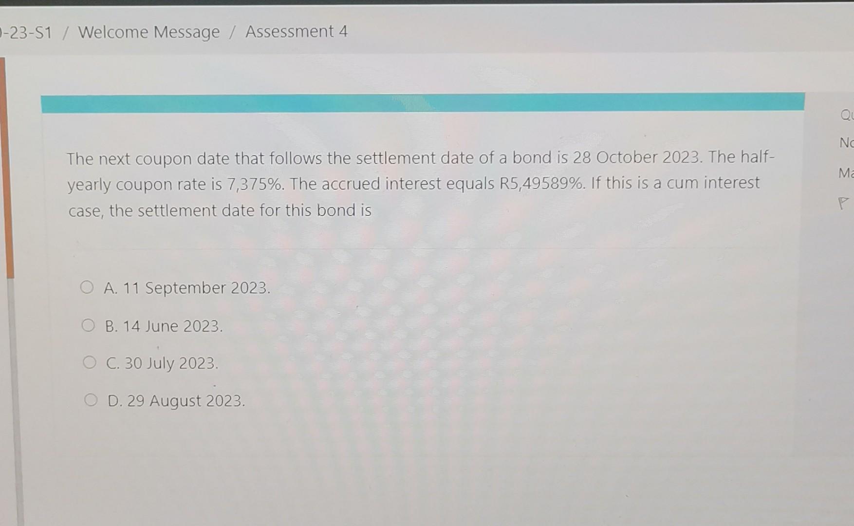 Solved The next coupon date that follows the settlement date