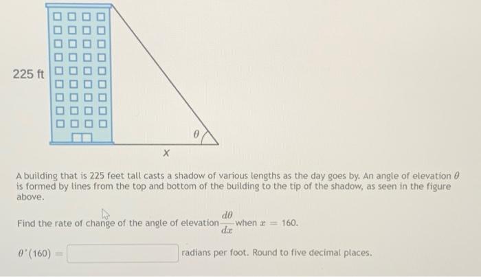 Solved 225 ft Х A building that is 225 feet tall casts a | Chegg.com