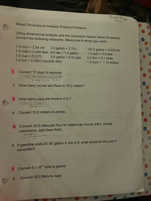 Solved Mixed Dimensional Analysis Practice Problems Using