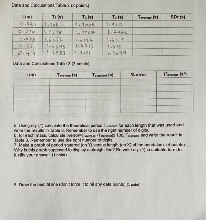 Data and Calculations Table 2 ( 2 points) Data and