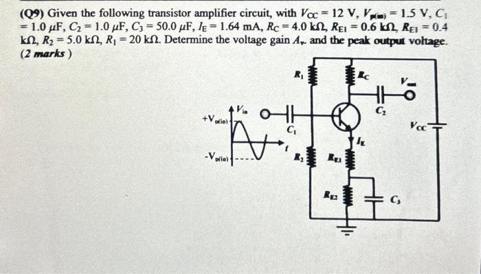 Solved (Q9) Given the following transistor amplifier | Chegg.com