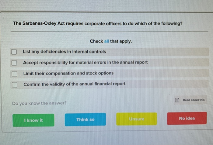 Sarbanes Oxley Act Requires Each Of The Following Solved The Sarbanes-Oxley Act requires corporate officers to | Chegg.com