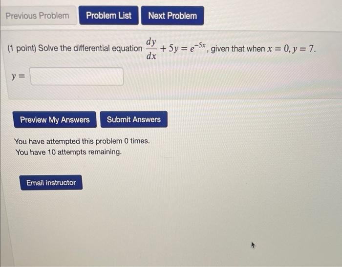 Solved (1 point) Solve the differential equation | Chegg.com