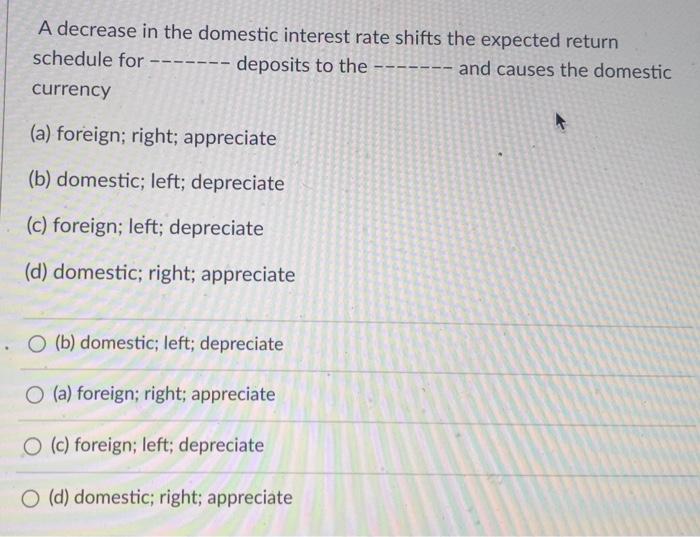 Solved A decrease in the domestic interest rate shifts the | Chegg.com