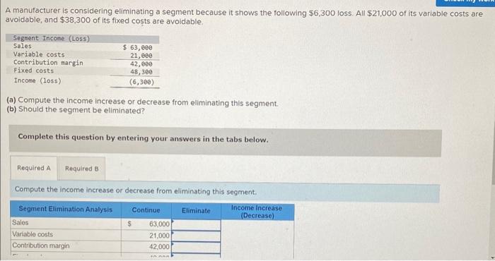 Solved A manufacturer is considering eliminating a segment | Chegg.com