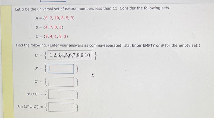 Solved Let U be the universal set of natural numbers less | Chegg.com