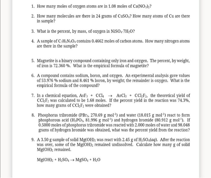 Solved 1. How many moles of oxygen atoms are in 1.08 moles | Chegg.com