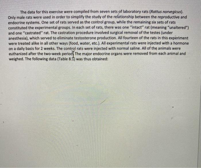 The data for this exercise were compiled from seven sets of laboratory rats (Rattus norvegicus). Only male rats were used in