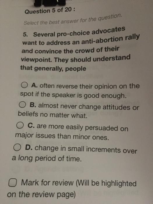 Solved Question 5 of 20 : Select the best answer for the | Chegg.com
