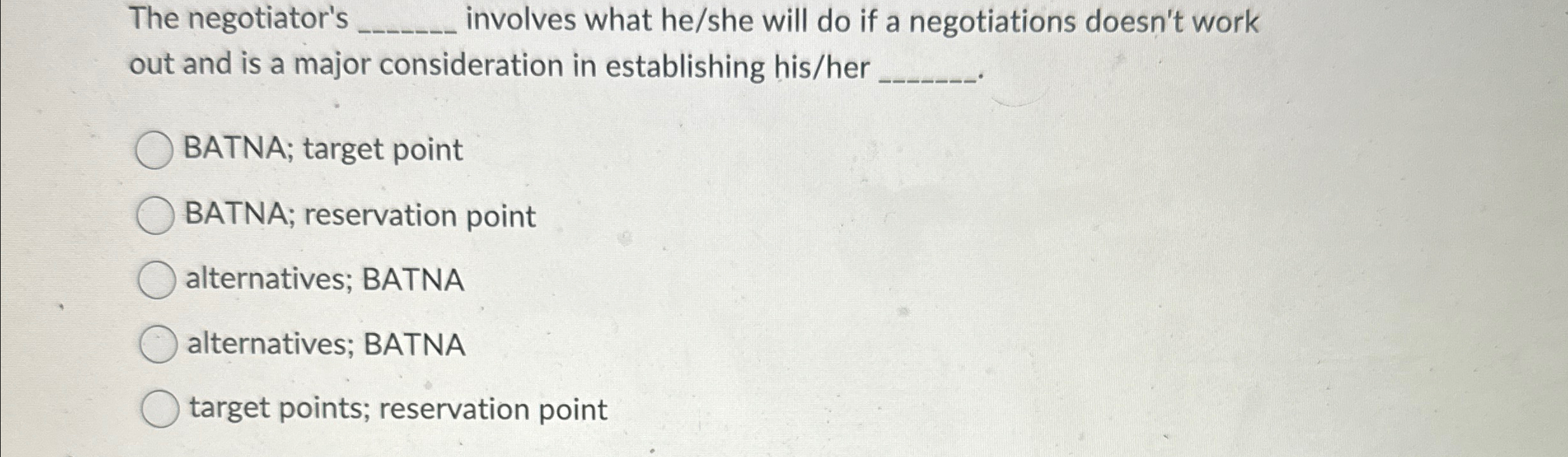Solved The negotiator's q, ﻿involves what he/she will do if | Chegg.com