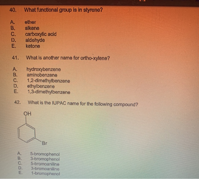 Solved What functional group is in styrene? {docu F ether