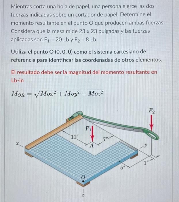 Mientras corta una hoja de papel, una persona ejerce las dos fuerzas indicadas sobre un cortador de papel. Determine el momen