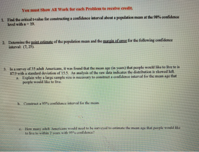 Solved You must Show All Work for each Problem to receive | Chegg.com